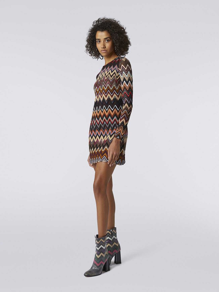 Donne Missoni Vestiti | Mini Abito Girocollo In Lana E Viscosa Con Motivo Zigzag Multicolore