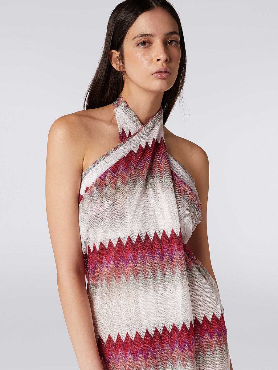 Donne Missoni Abbigliamento Da Spiaggia | Abito Copricostume Pareo Con Zig Zag Lame Bianco, Rosa E Fucsia