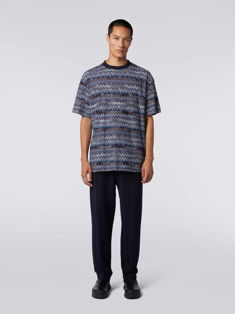 Uomini Missoni Polo E Magliette | T-Shirt Girocollo In Cotone E Viscosa Chevron Blu Navy