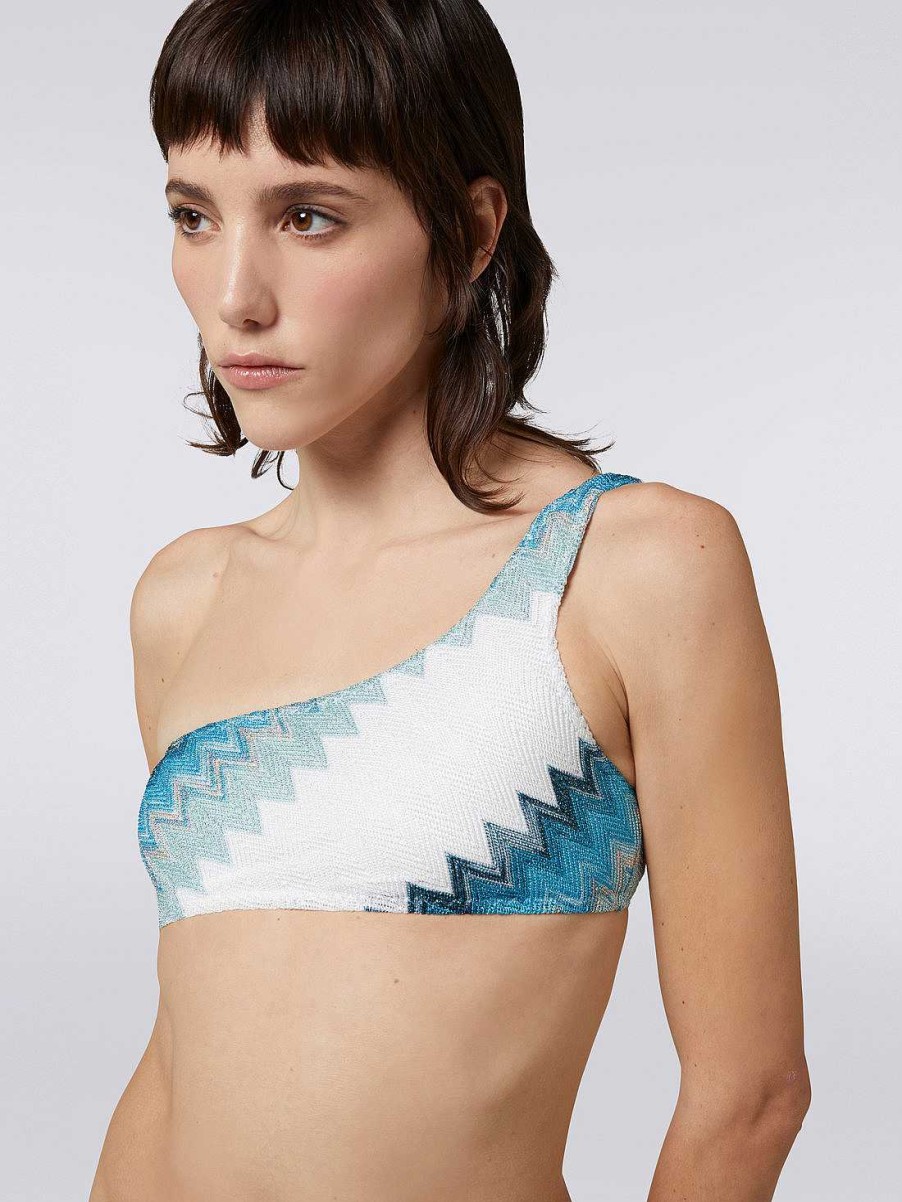 Donne Missoni Costumi Da Bagno | Bikini Monospalla Con Zigzag E Lame Bianco, Blu E Azzurro