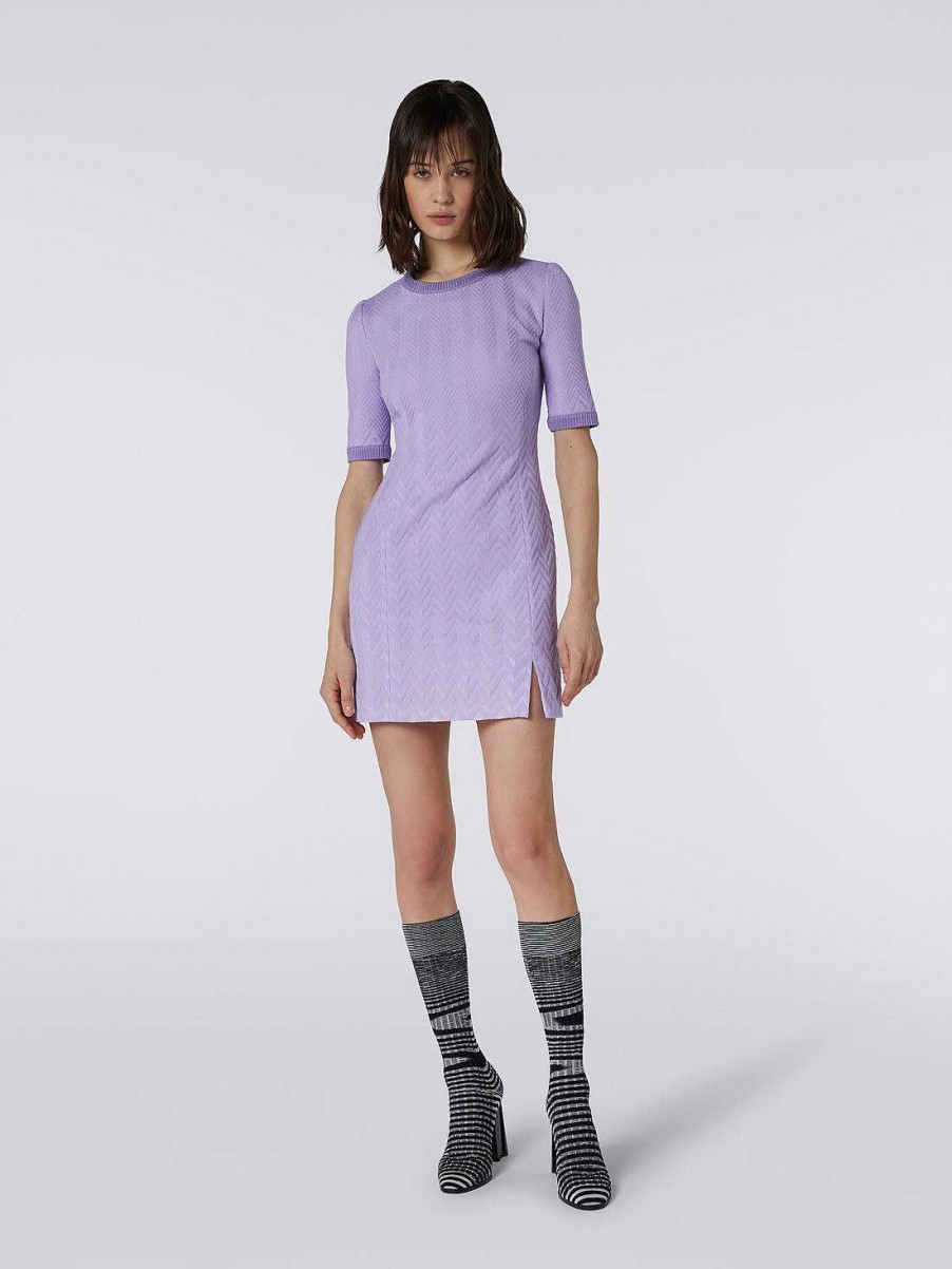 Donne Missoni Vestiti | Mini Abito In Maglia Raschel Di Cotone E Viscosa Con Motivo Zigzag Viola