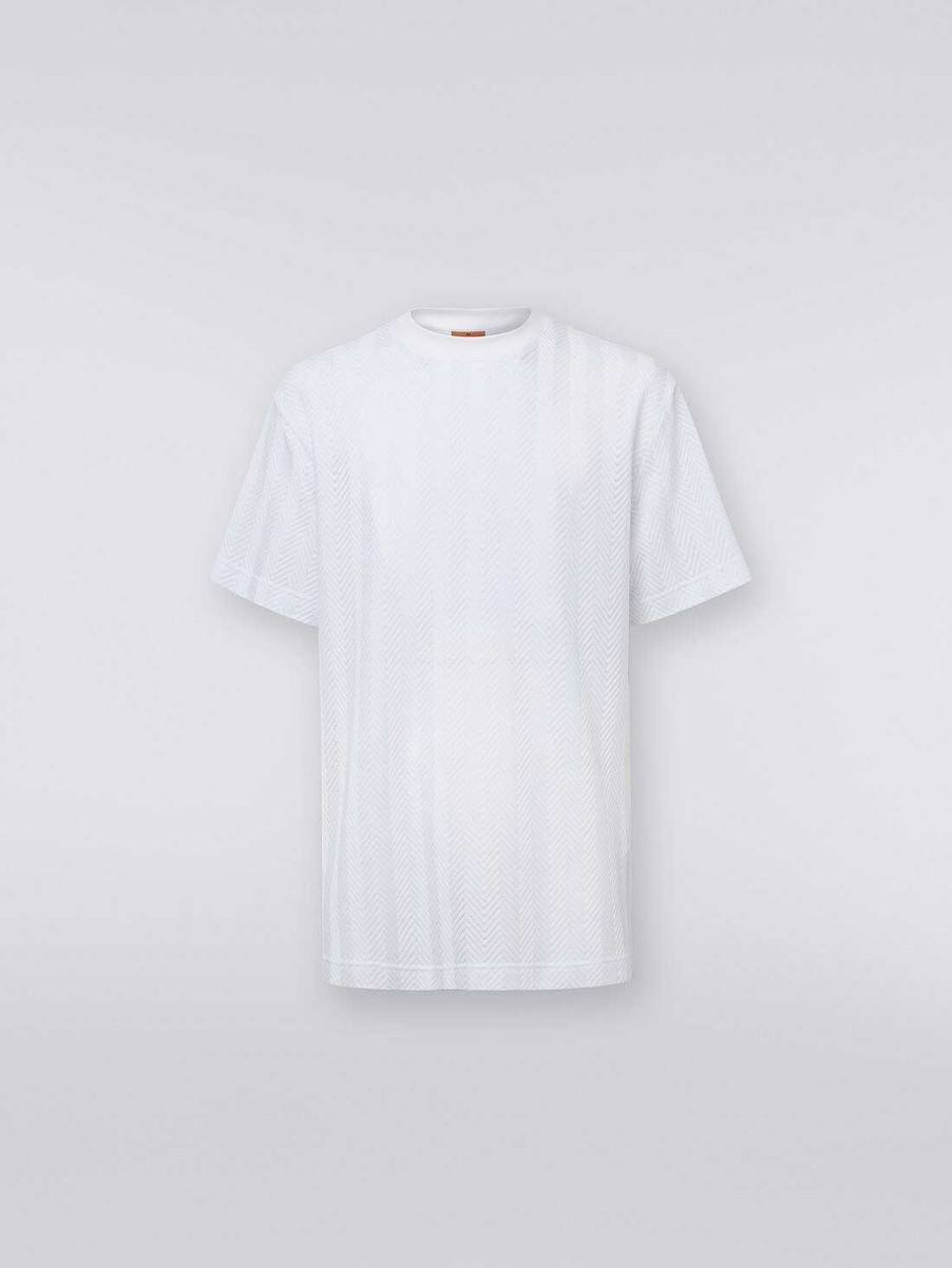 Uomini Missoni Polo E Magliette | T-Shirt Girocollo In Viscosa E Cotone Chevron Bianco