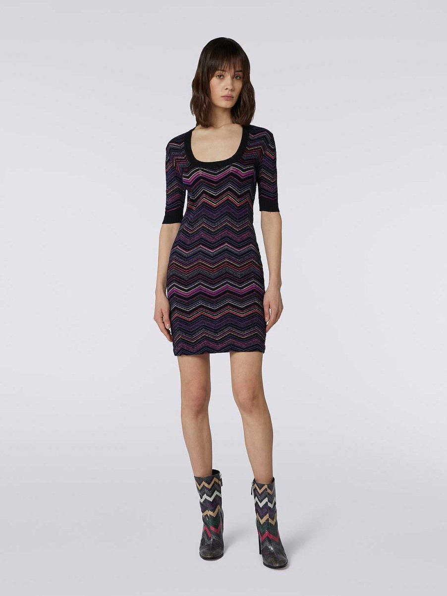 Donne Missoni Vestiti | Mini Abito Con Scollo Quadrato In Lana E Viscosa A Zig Zag Multicolore