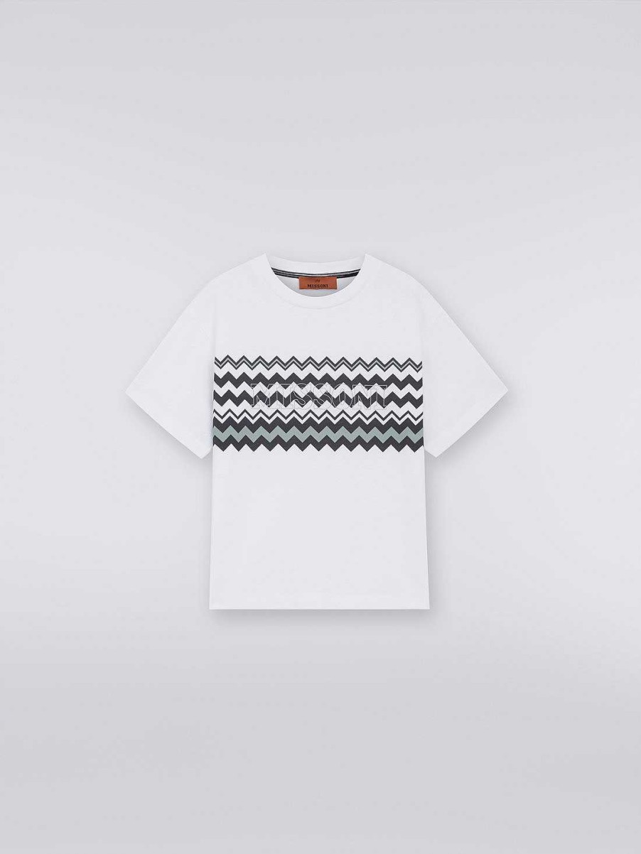 Ragazzo (4-14 Anni) Missoni | T-Shirt In Cotone Con Zig Zag E Logo Nero Bianco