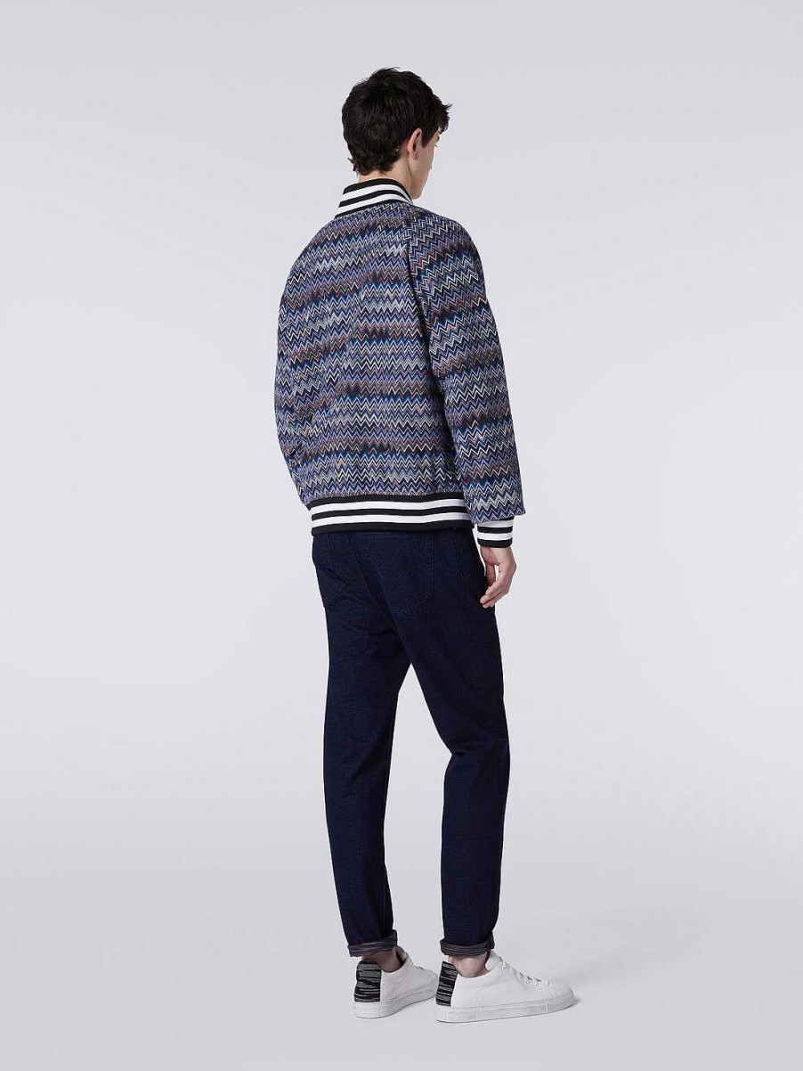 Uomini Missoni Cappotti E Giacche | Bomber In Cotone E Viscosa A Zig Zag Blu Navy