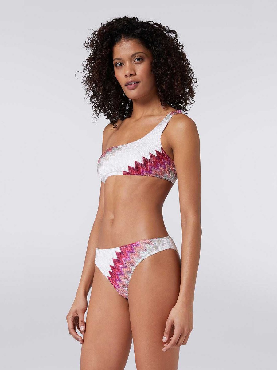 Donne Missoni Costumi Da Bagno | Bikini Monospalla Con Zigzag E Lame Bianco, Rosa E Fucsia