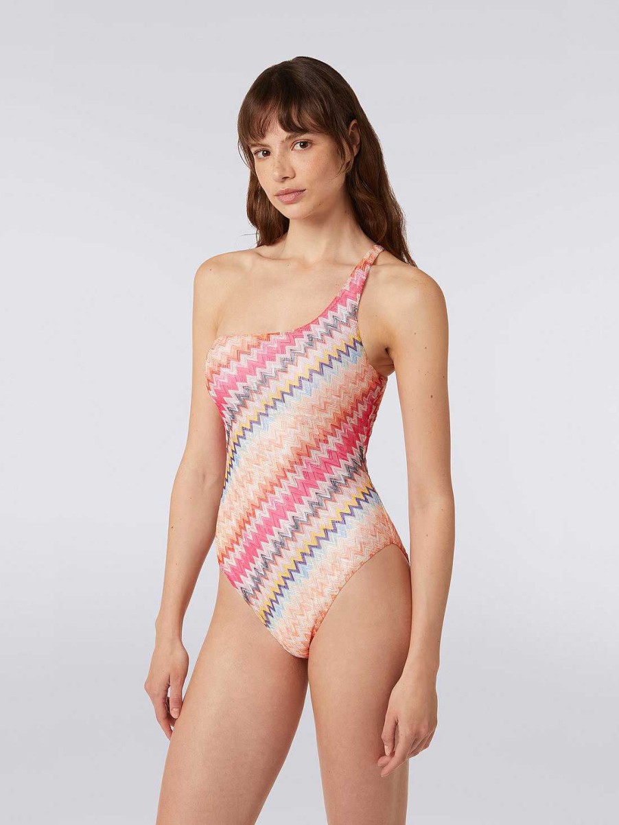 Donne Missoni Costumi Da Bagno | Costume Intero Monospalla In Viscosa Chevron Chevron Ombra Rosa