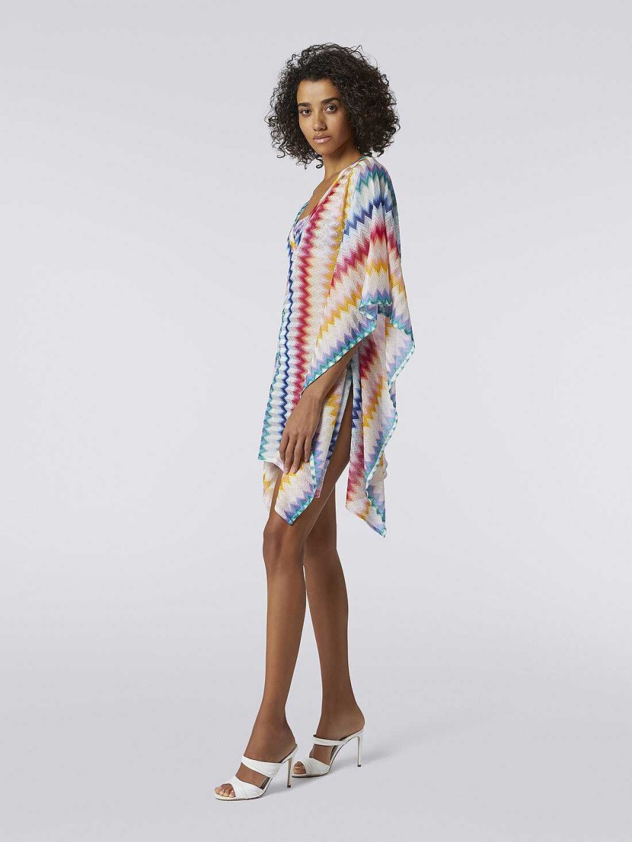 Donne Missoni Abbigliamento Da Spiaggia | Caftano Copricostume Corto In Viscosa Zigzag Con Lurex Multicolore