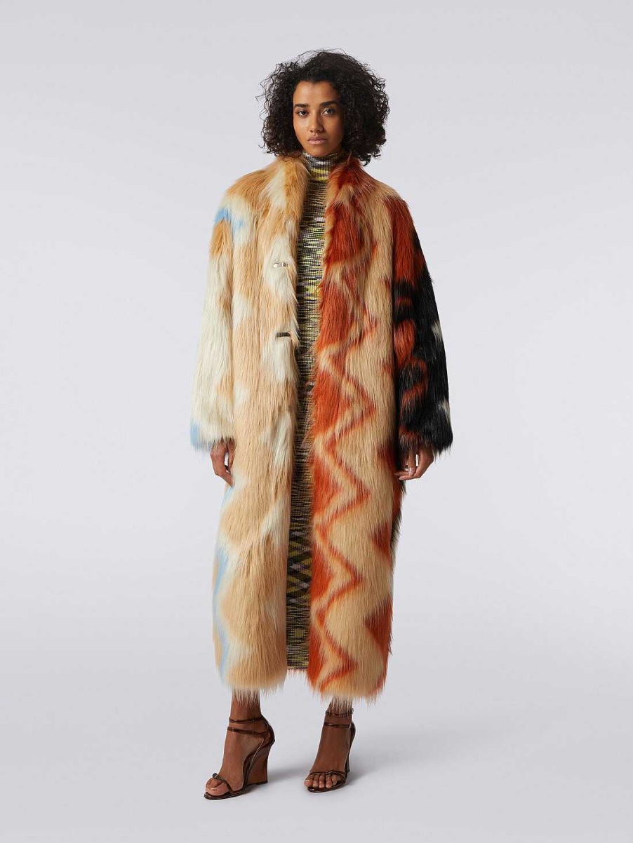 Donne Missoni Cappotti E Giacche | Cappotto Lungo In Ecopelliccia Con Zig Zag Multicolore