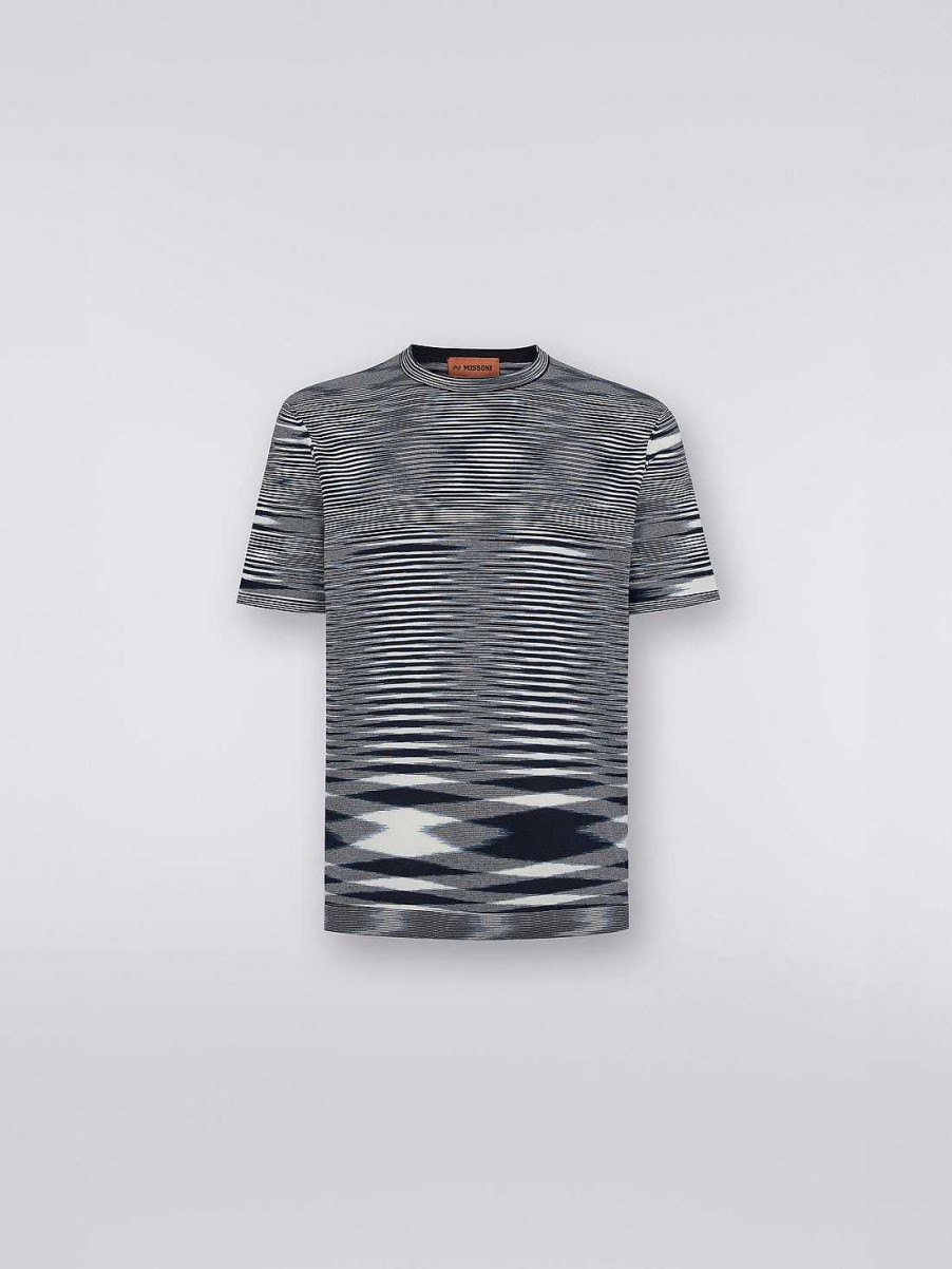 Uomini Missoni Polo E Magliette | T-Shirt Girocollo In Cotone Fiammato Bianco E Blu Navy