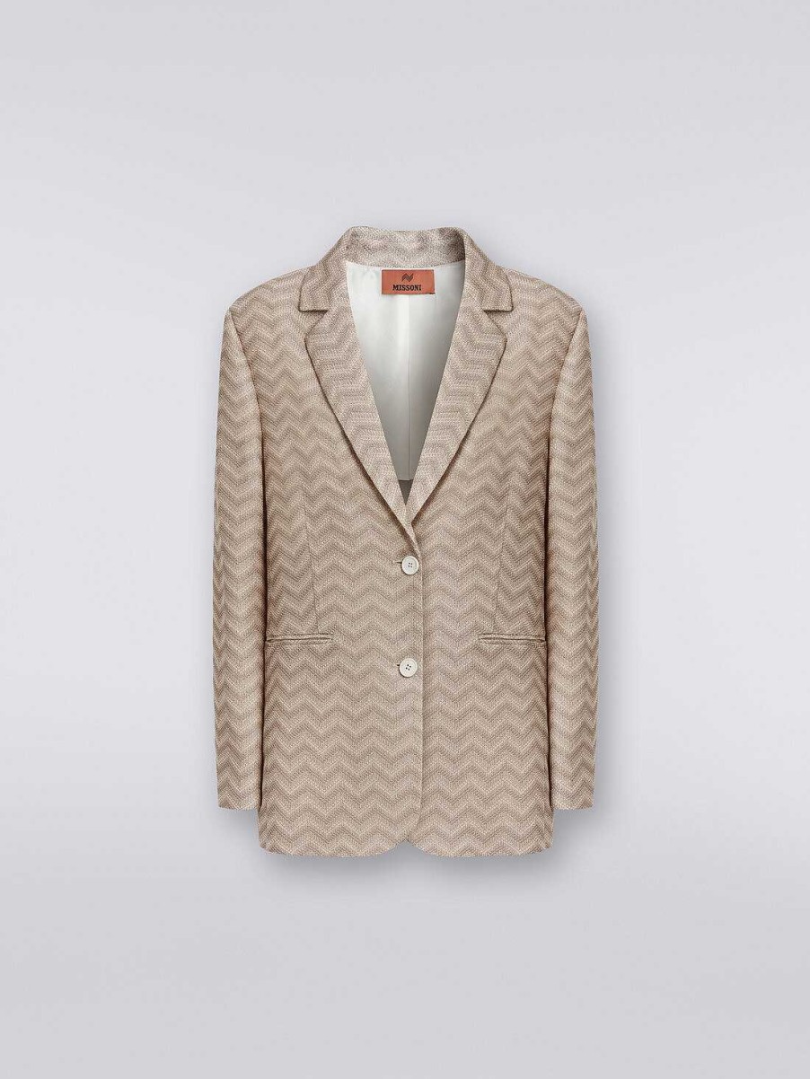 Donne Missoni Cappotti E Giacche | Blazer Monopetto In Cotone Chevron Beige