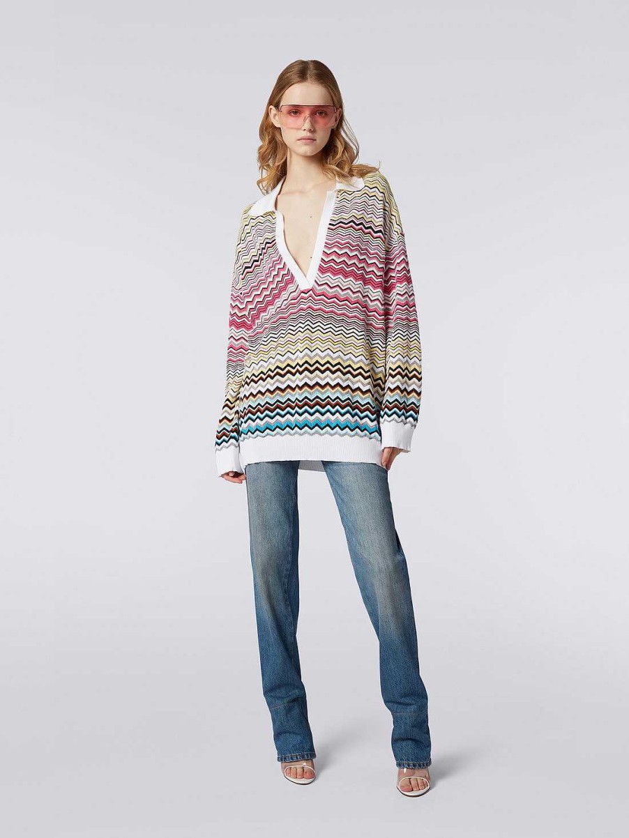 Donne Missoni Maglieria | Polo Oversize A Maniche Lunghe Con Motivo Chevron Multicolore