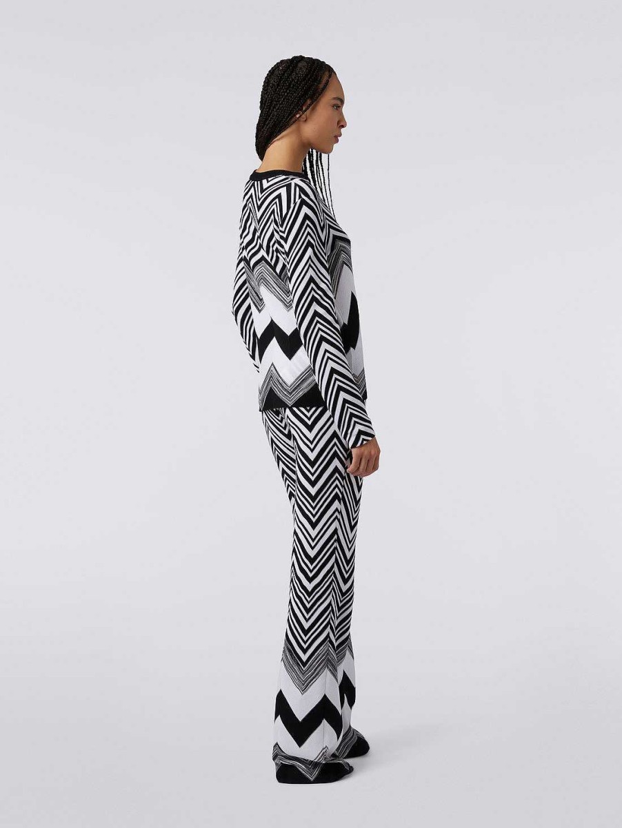 Donne Missoni Maglieria | Maglia Girocollo In Misto Cotone A Zigzag Nero Bianco