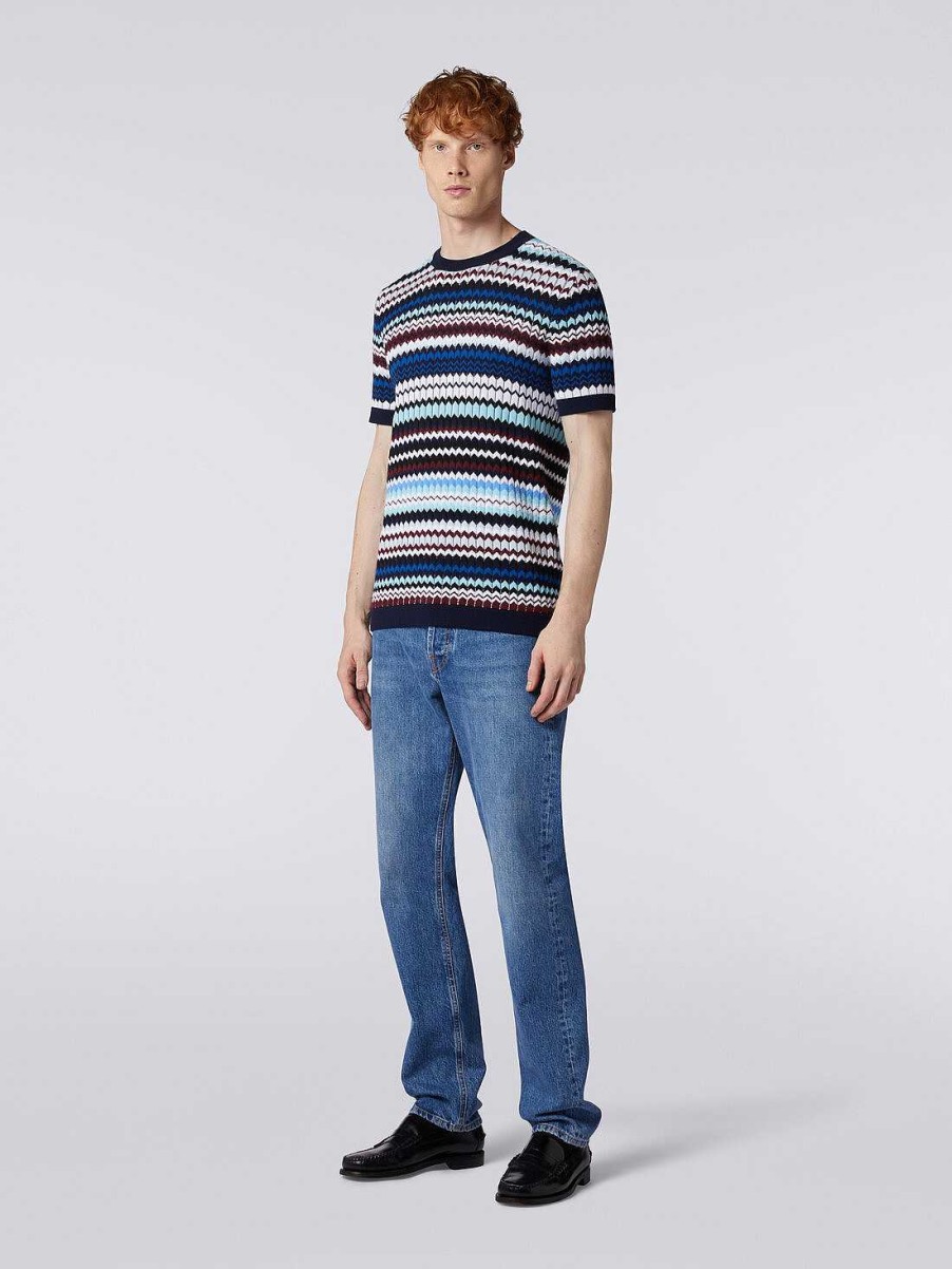 Uomini Missoni Polo E Magliette | T-Shirt In Maglia Di Cotone A Coste Zig Zag Multicolore