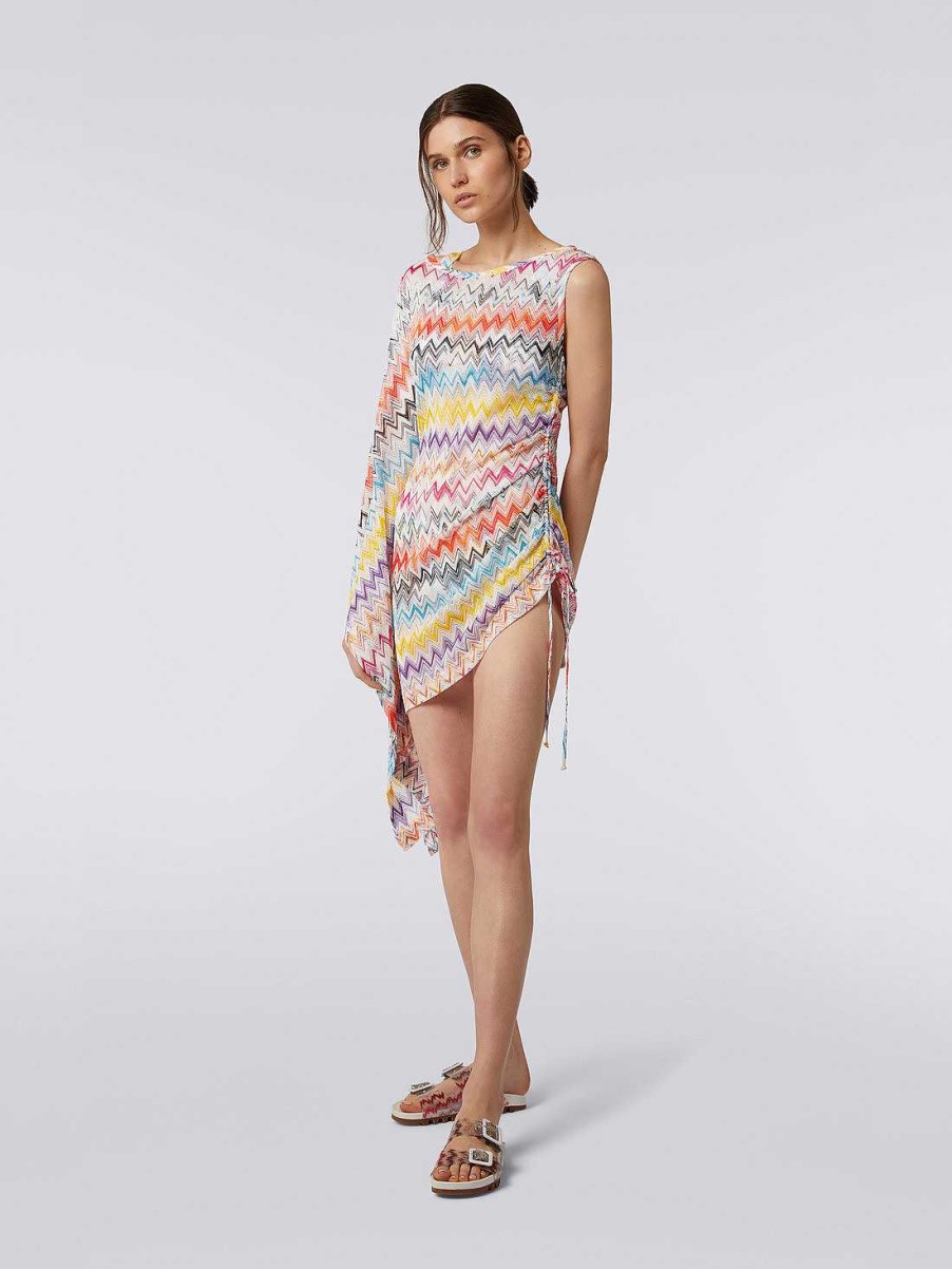 Donne Missoni Abbigliamento Da Spiaggia | Copricostume Corto Asimmetrico Con Stampa Zig Zag E Drappeggio Multicolore