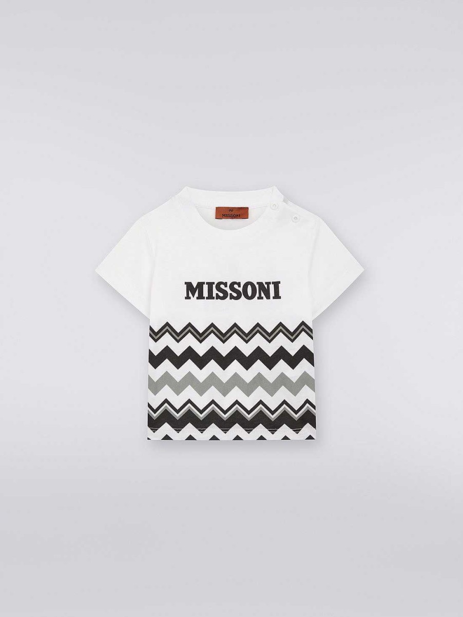 Ragazzo (4-14 Anni) Missoni | T-Shirt In Cotone Con Zig Zag E Logo Nero Bianco