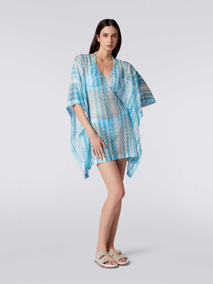 Donne Missoni Abbigliamento Da Spiaggia | Copricostume Corto Caftano Chevron Cielo Blu