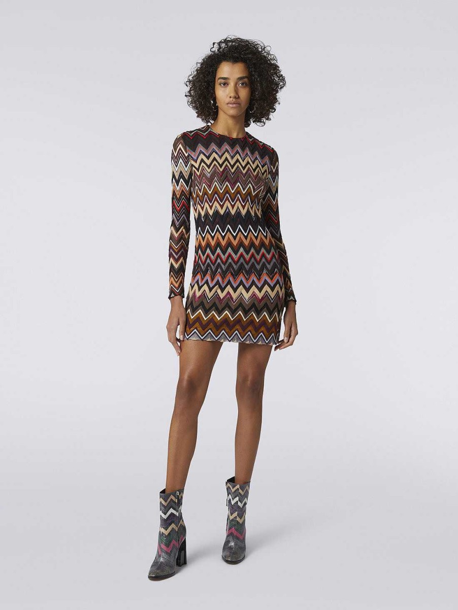 Donne Missoni Vestiti | Mini Abito Girocollo In Lana E Viscosa Con Motivo Zigzag Multicolore