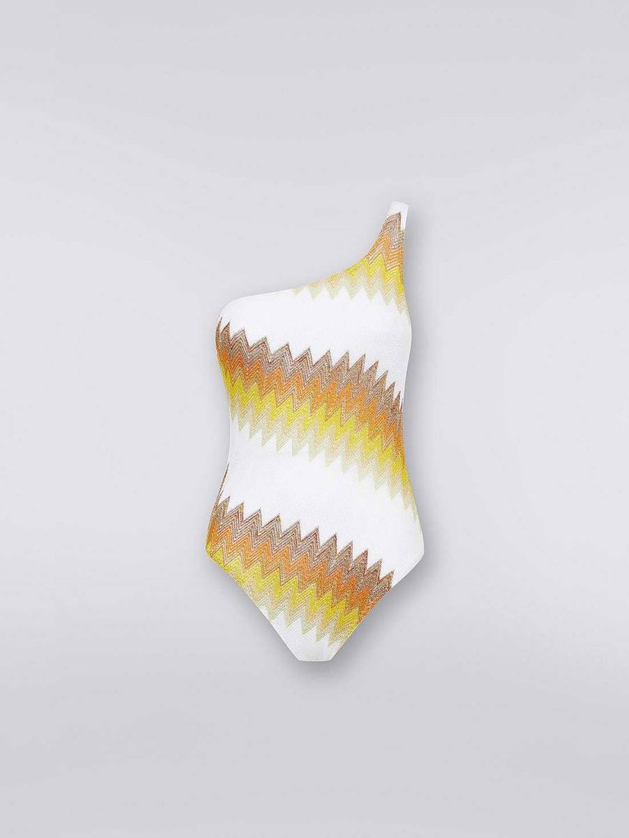 Donne Missoni Costumi Da Bagno | Costume Intero Monospalla Chevron Con Lame Bianco, Giallo E Ocra