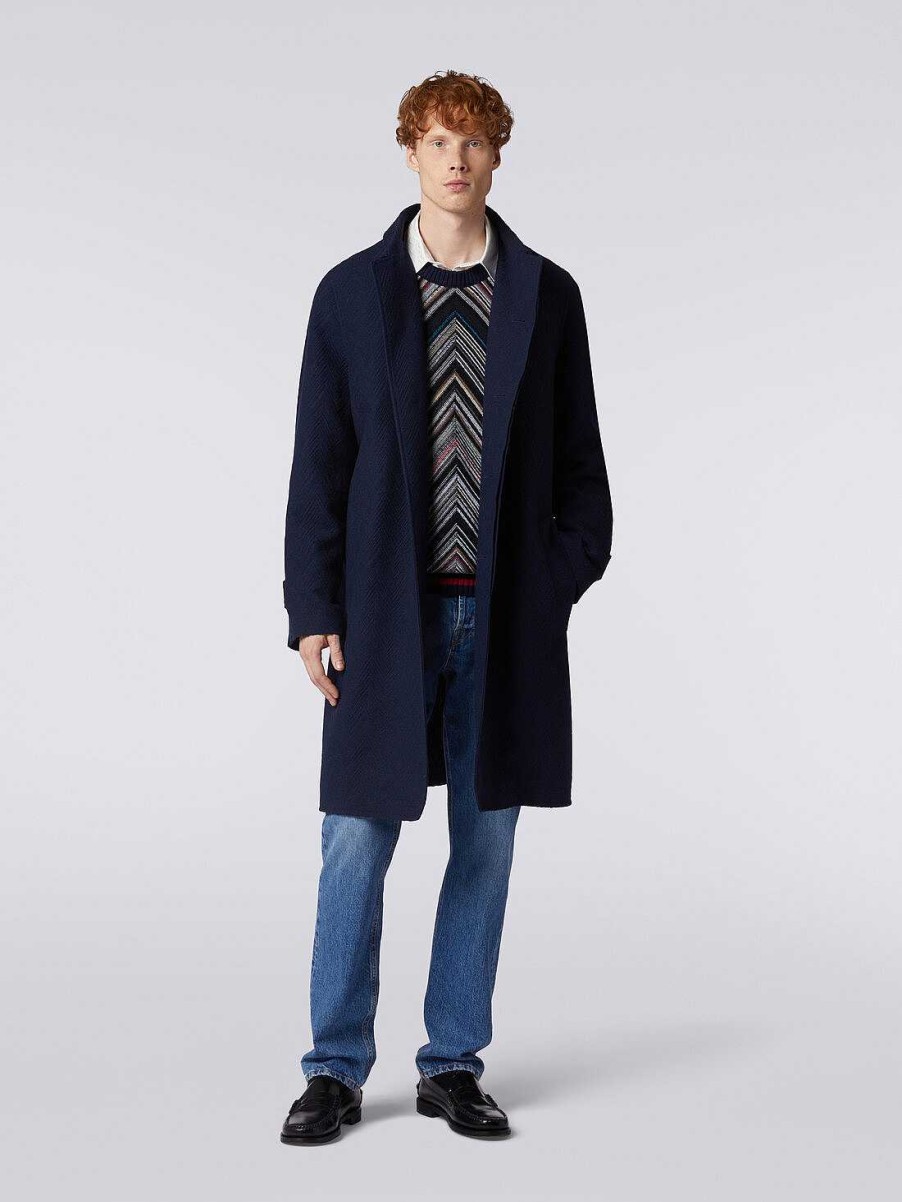 Uomini Missoni Cappotti E Giacche | Cappotto In Misto Lana Jacquard Con Motivo Zig Zag Blu Scuro