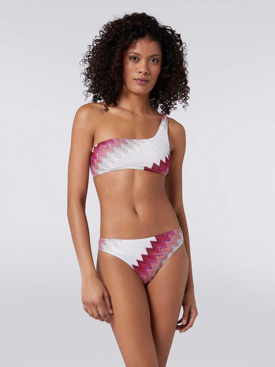 Donne Missoni Costumi Da Bagno | Bikini Monospalla Con Zigzag E Lame Bianco, Rosa E Fucsia