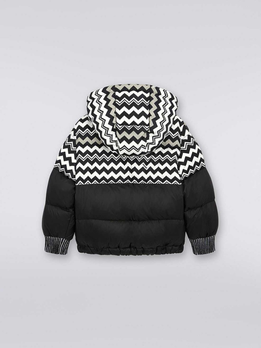 Ragazzo (4-14 Anni) Missoni | Giubbotto In Nylon Con Cappuccio E Inserti A Zigzag Nero Bianco