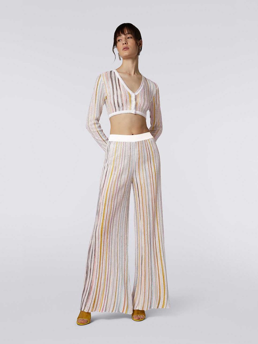 Donne Missoni Pantaloni | Pantaloni Palazzo A Righe Con Paillettes Bianco E Multicolore