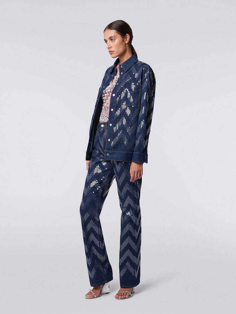 Donne Missoni Cappotti E Giacche | Overshirt In Denim Con Applicazione Di Paillettes Blu