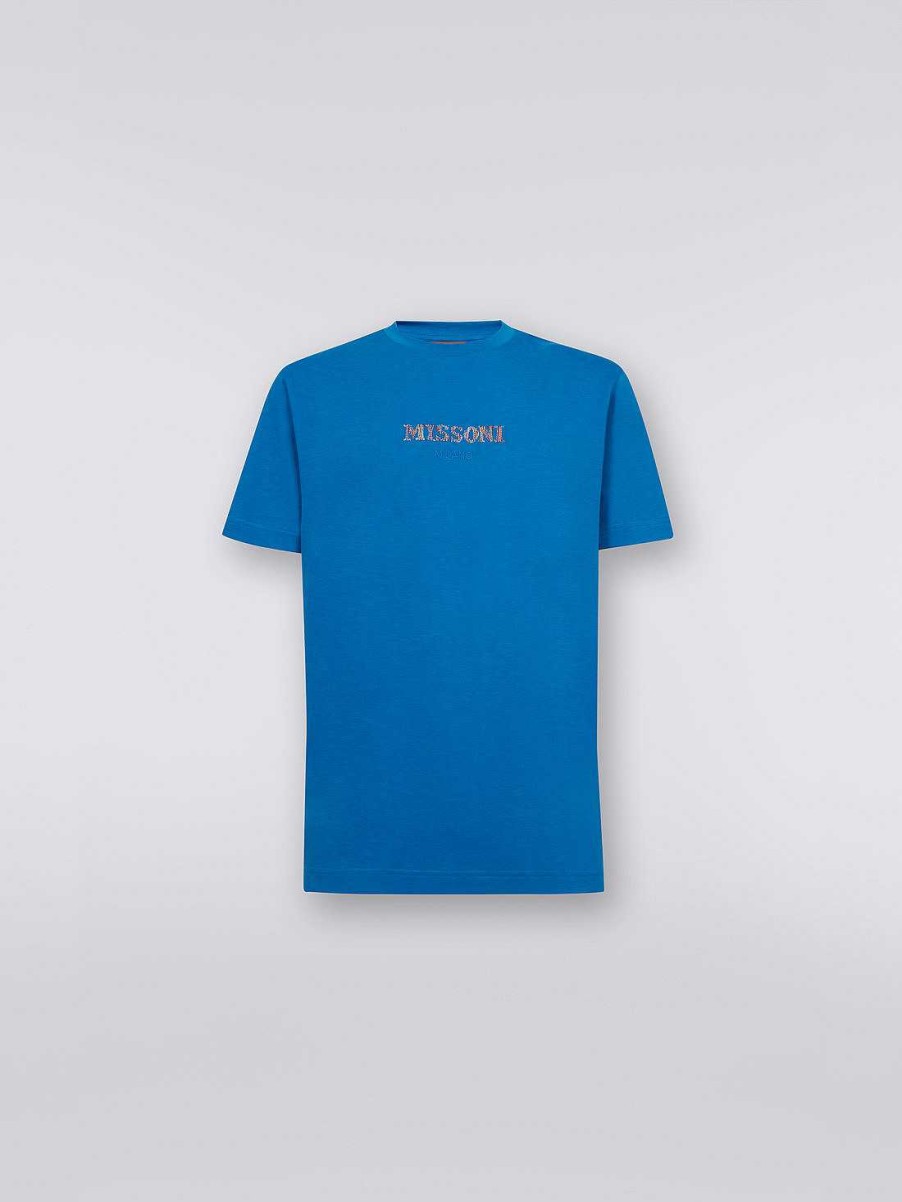 Uomini Missoni Polo E Magliette | T-Shirt Girocollo In Cotone Con Scritta Logo Ricamata Blu