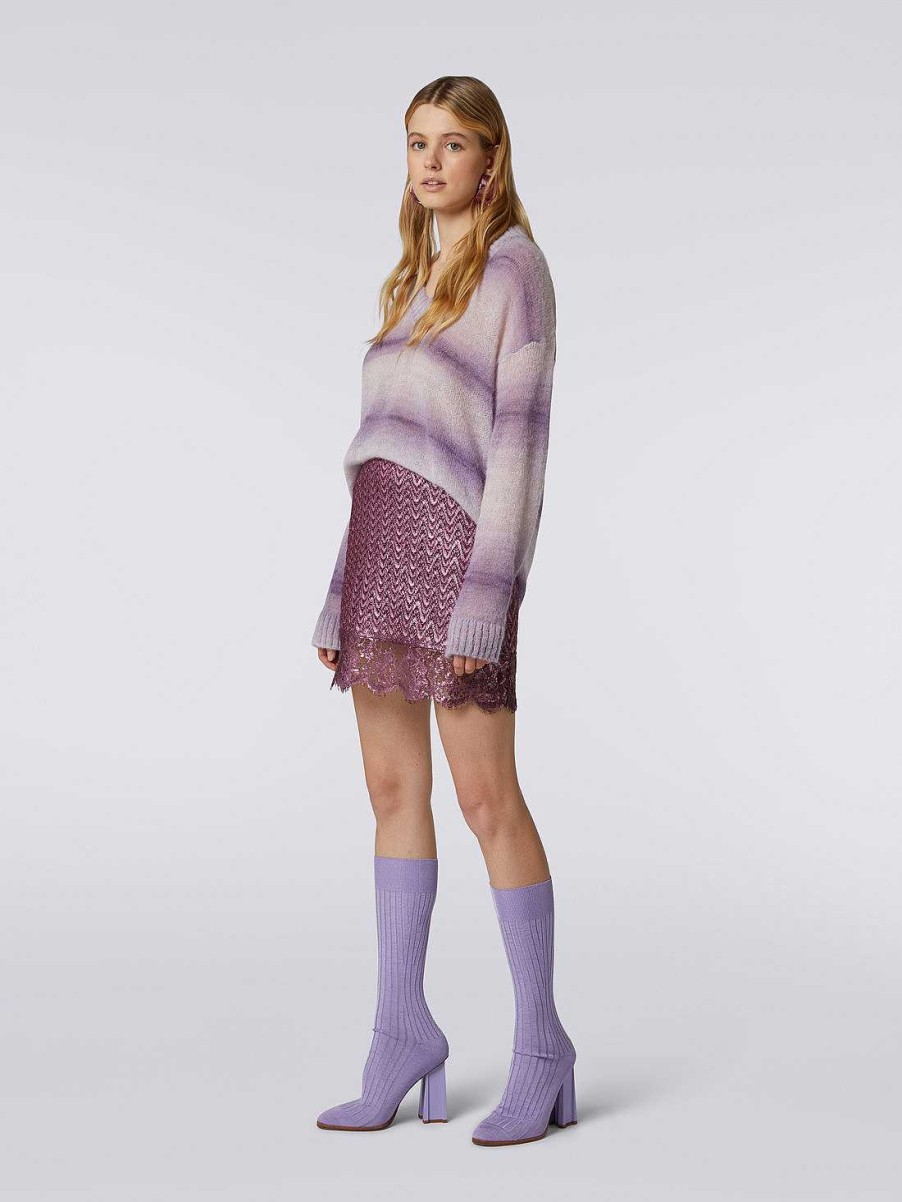 Donne Missoni Gonne | Minigonna In Lana E Viscosa Con Motivo Zigzag E Pizzo Viola