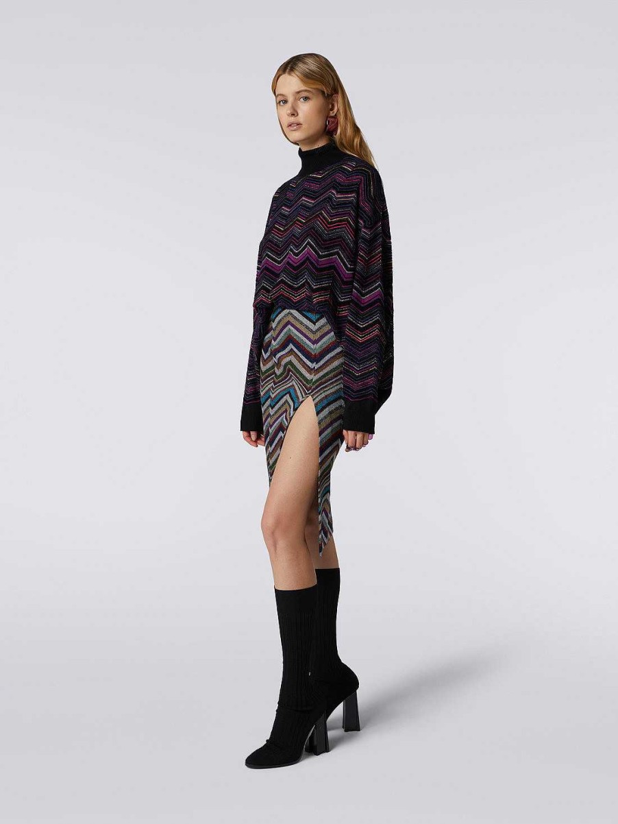 Donne Missoni Gonne | Gonna Con Spacco In Chevron Di Lana E Viscosa E Lurex Multicolore