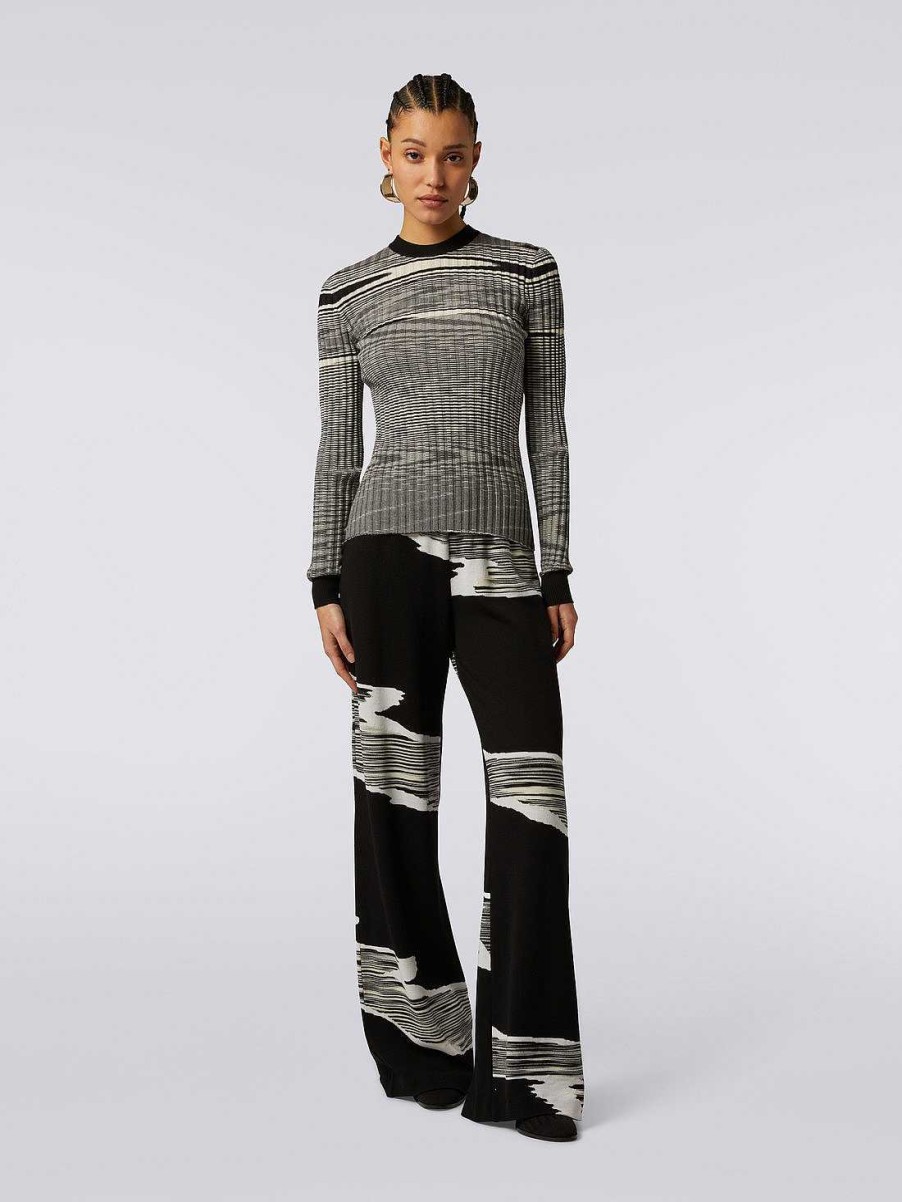 Donne Missoni T-Shirt E Top | Pullover Girocollo A Coste Strette In Cashmere E Seta Nero Bianco