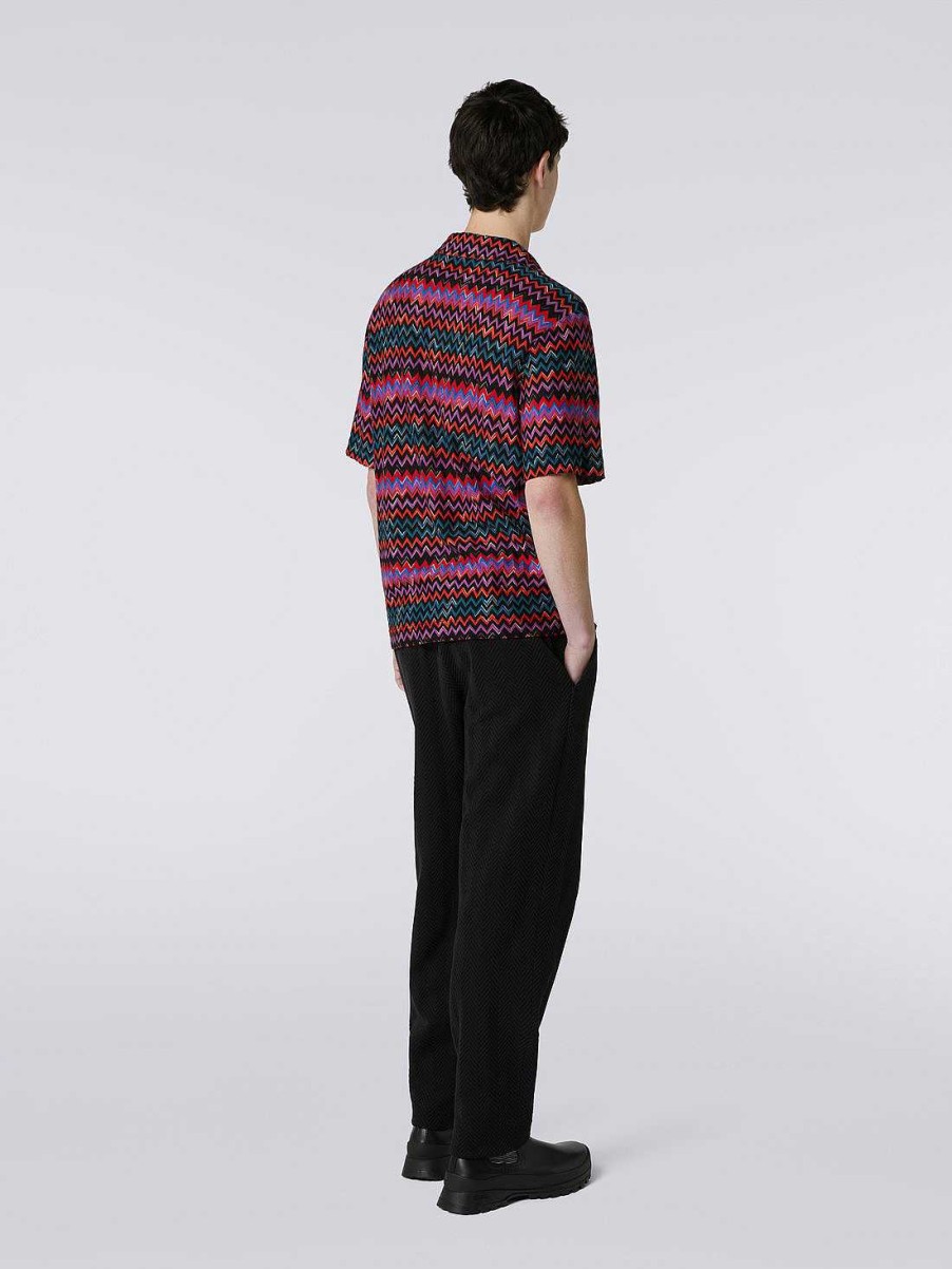 Uomini Missoni Camicie | Maglia Bowling A Maniche Corte In Cotone E Viscosa Zig Zag Nero