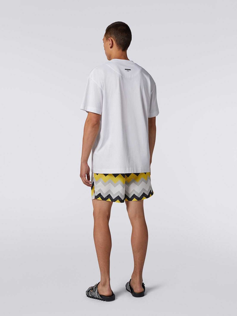 Uomini Missoni Polo E Magliette | T-Shirt Girocollo In Jersey Di Cotone A Zig Zag Bianco, Giallo E Grigio