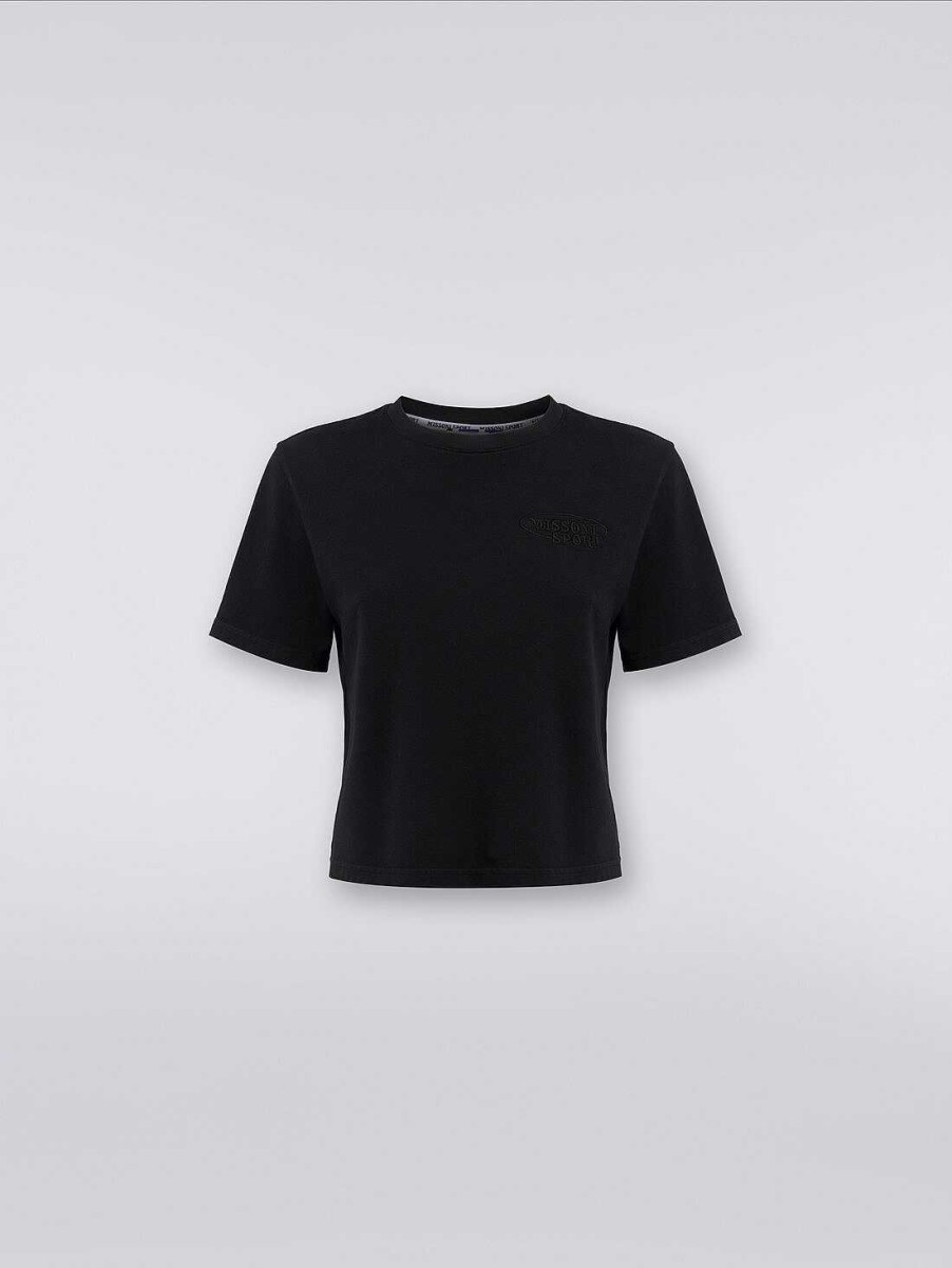 Donne Missoni Vestiario | T-Shirt Crop Girocollo In Cotone Con Logo Nero