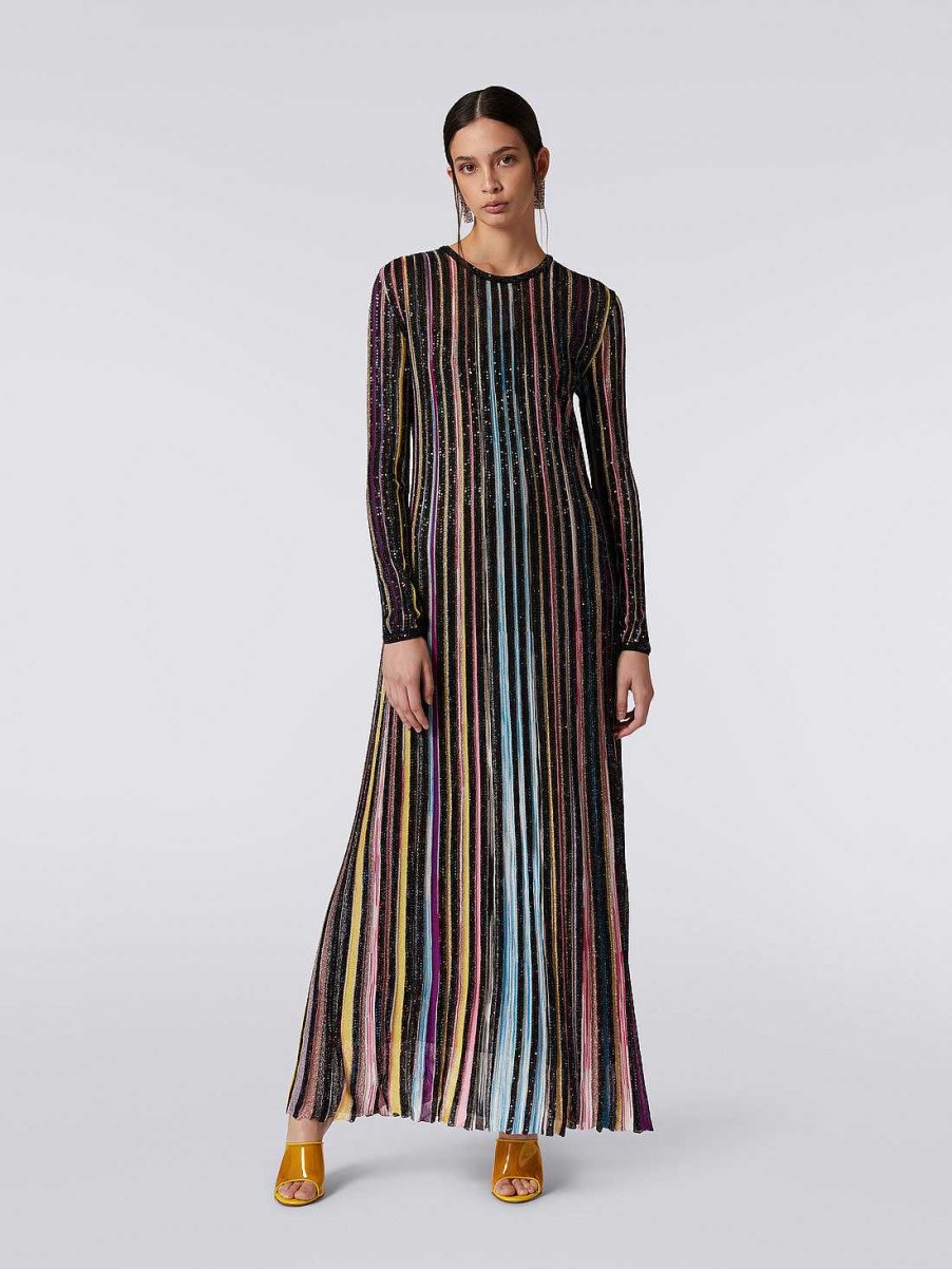 Donne Missoni Vestiti | Abito Lungo Plissettato Con Paillettes Nero E Multicolore