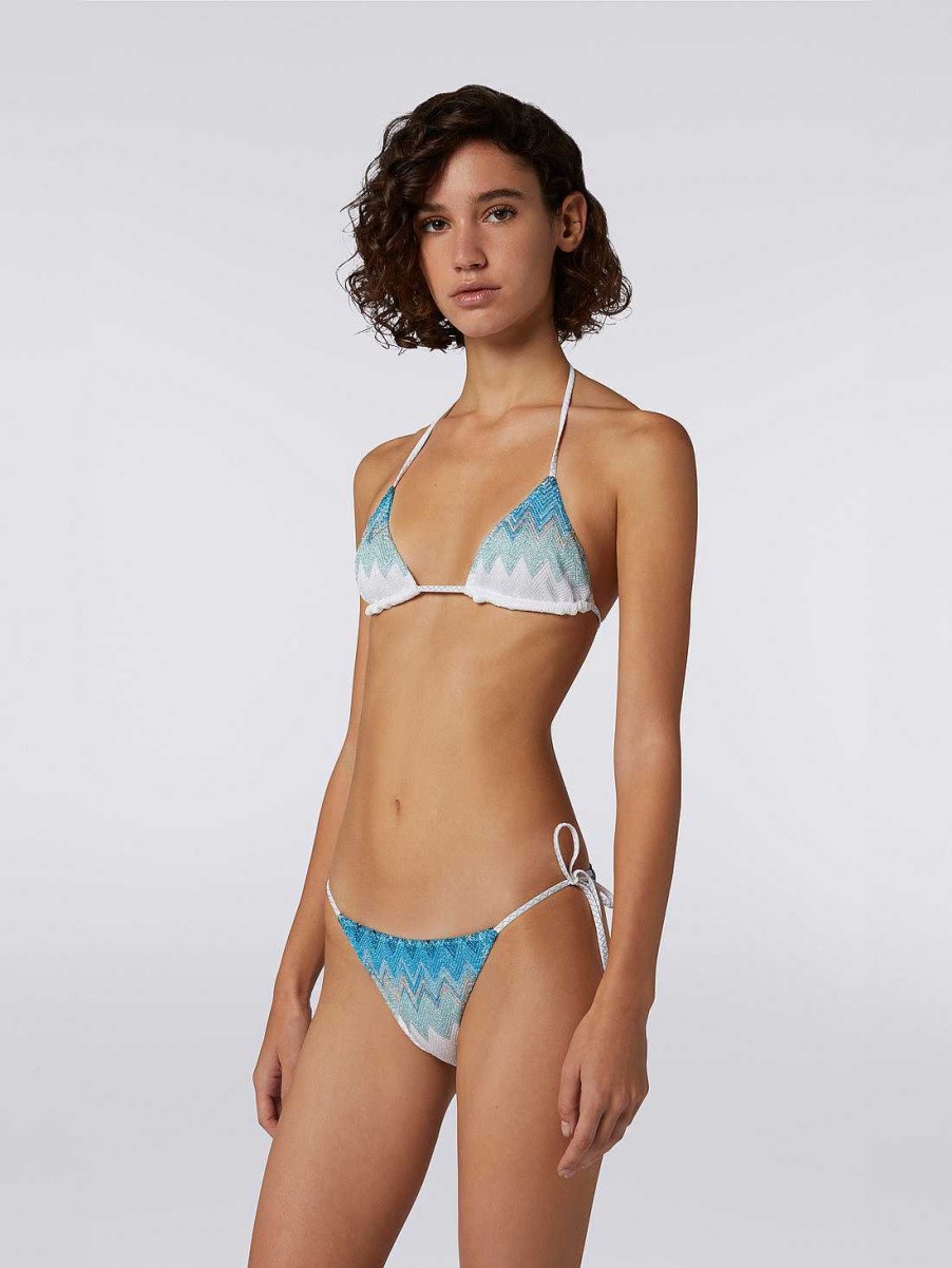 Donne Missoni Costumi Da Bagno | Bikini Zigzag In Misto Viscosa Con Lurex Bianco, Blu E Azzurro