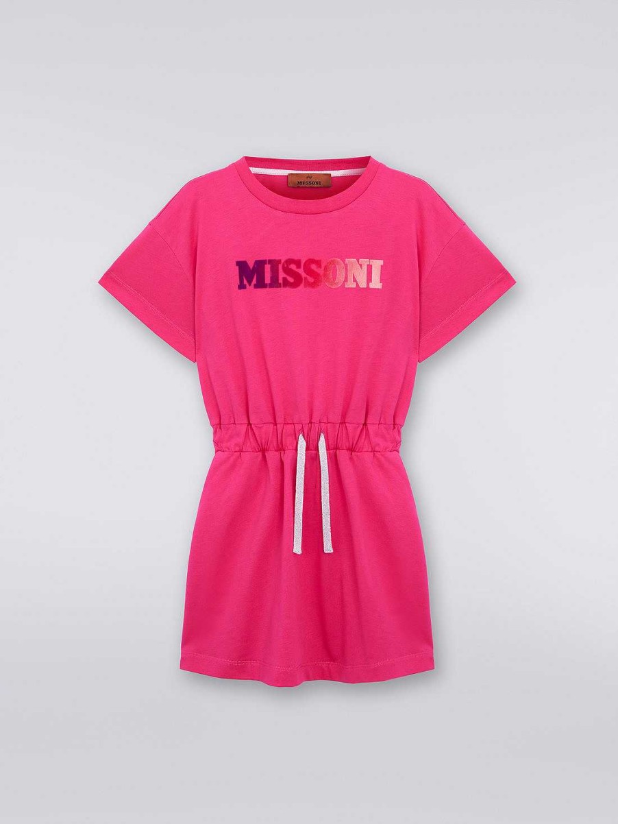 Ragazza (4-14 Anni) Missoni | Abito In Cotone A Maniche Lunghe Con Logo Rosa