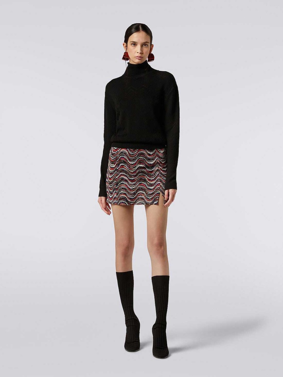 Donne Missoni Maglieria | Pullover A Collo Alto In Lana E Viscosa Chevron Nero