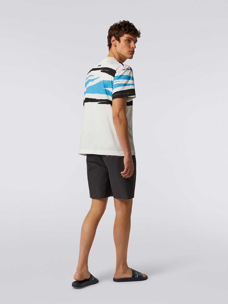 Uomini Missoni Polo E Magliette | T-Shirt Girocollo In Jersey Di Cotone Fiammato Bianco, Nero E Blu