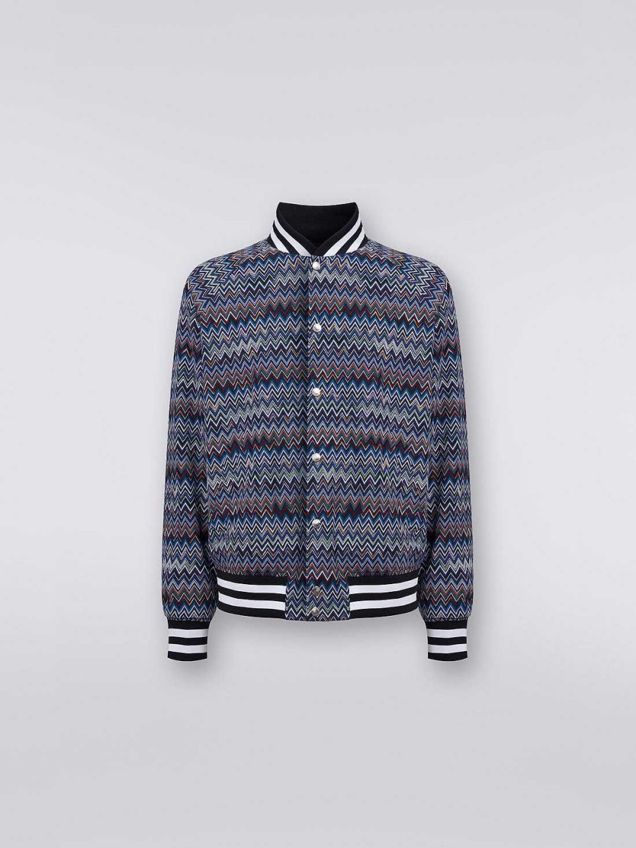 Uomini Missoni Cappotti E Giacche | Bomber In Cotone E Viscosa A Zig Zag Blu Navy