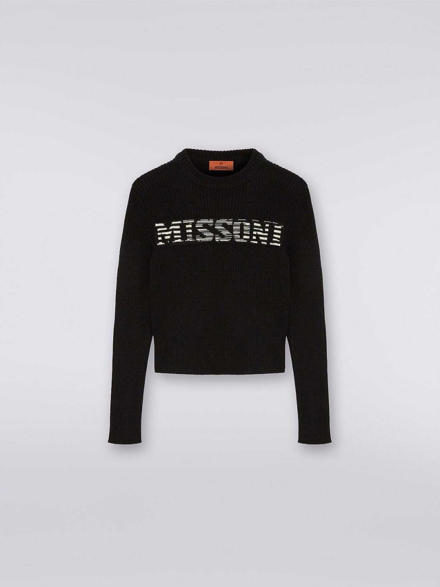 Ragazza (4-14 Anni) Missoni | Pullover Girocollo In Maglia Di Lana Con Logo Fiammato Nero Bianco