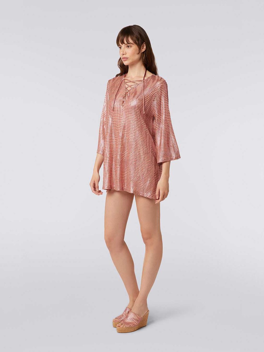 Donne Missoni Abbigliamento Da Spiaggia | Caftano Corto Jacquard In Viscosa Jacquard Copricostume Con Laccetti Rosa