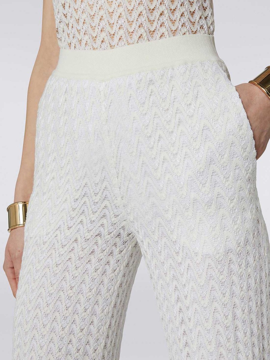 Donne Missoni Pantaloni | Pantaloni Palazzo In Maglia Raschel Di Lana E Viscosa Bianco