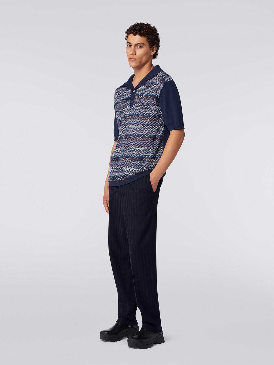 Uomini Missoni Polo E Magliette | Polo A Maniche Corte In Cotone, Viscosa E Seta Chevron Blu Navy