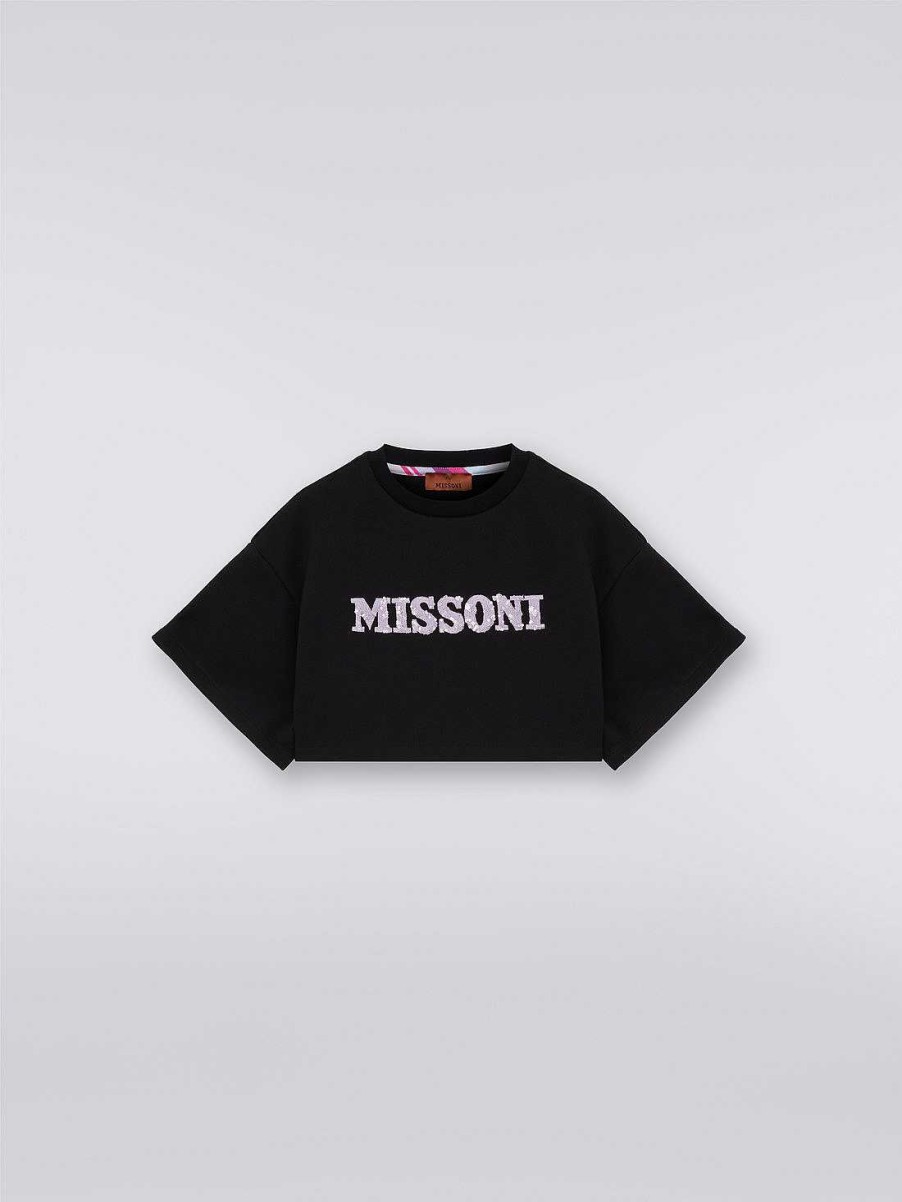 Ragazza (4-14 Anni) Missoni | T-Shirt Cropped Oversize In Cotone Con Logo In Paillettes Nero