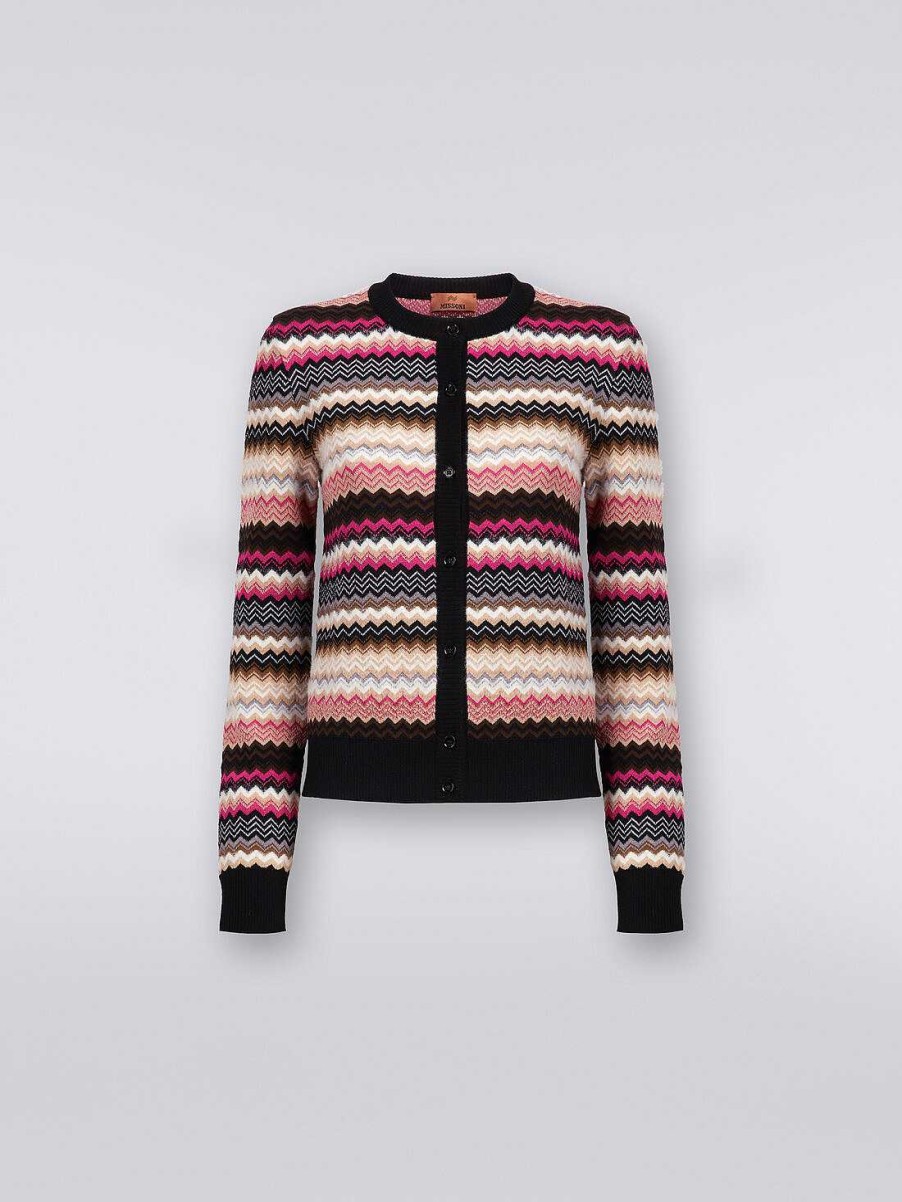 Donne Missoni Maglieria | Cardigan Girocollo In Maglia Di Lana E Cotone A Zig Zag Multicolore