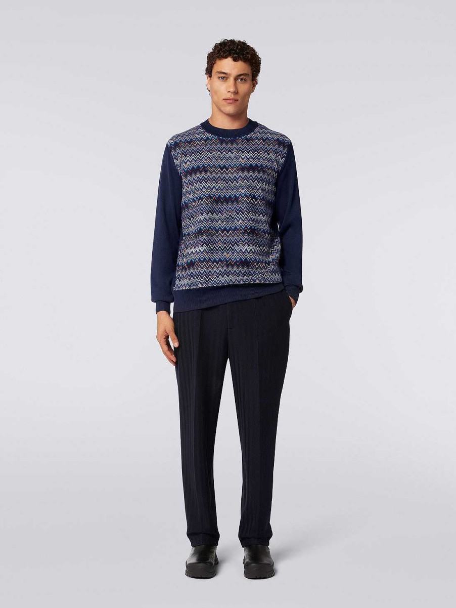 Uomini Missoni Maglieria | Pullover Girocollo In Cotone, Seta E Viscosa Chevron Blu Navy