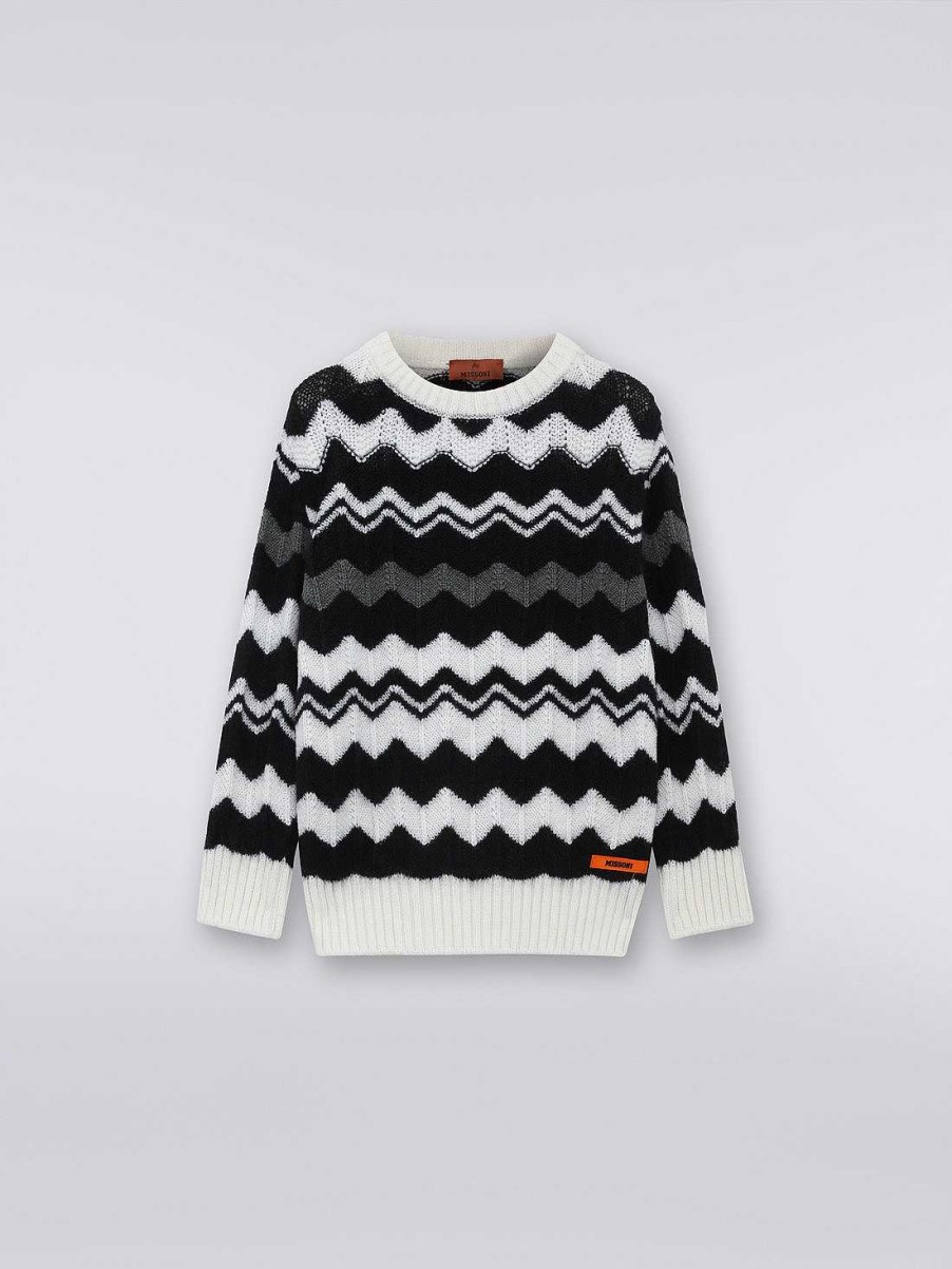 Ragazza (4-14 Anni) Missoni | Maglia Girocollo In Lana A Zig Zag Nero Bianco