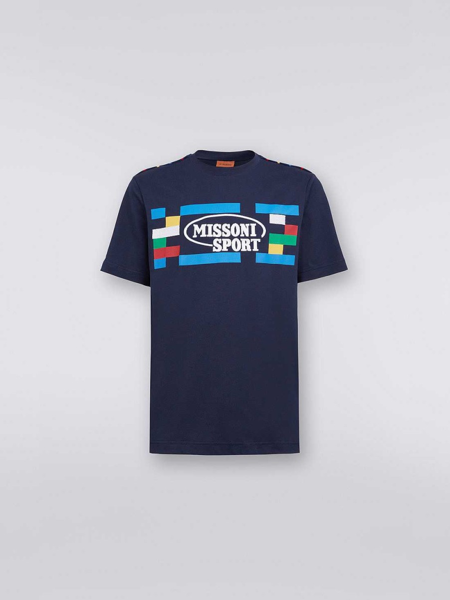 Uomini Missoni Vestiario | T-Shirt Girocollo In Cotone Con Stampa Ricamata Blu Navy